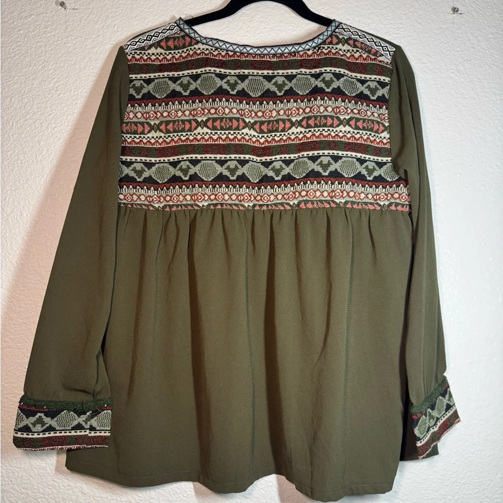 Olive Embroidered Tie-Front Peasant Top - Picture 6 of 6